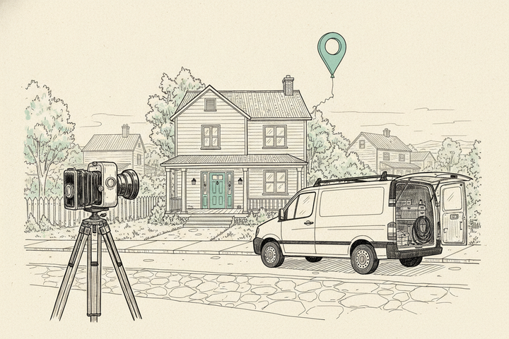 Hand-drawn illustration of a camera on a tripod aimed at a house on a quiet street, a plain work van parked at the curb, and a soft teal location pin floating away like a loose balloon, with a teal front door as the only other accent.