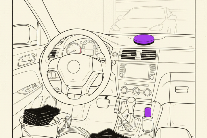 Editorial line-drawing of a car interior mid-detail with a purple foam applicator on the dashboard, microfiber cloths in a bucket, a polish bottle with a purple cap, and a shop bay visible through the windshield.