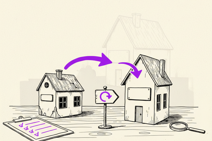 Editorial illustration of two website storefronts connected by an arrow indicating a domain migration, with redirect signposts and a roofing-house silhouette in the background