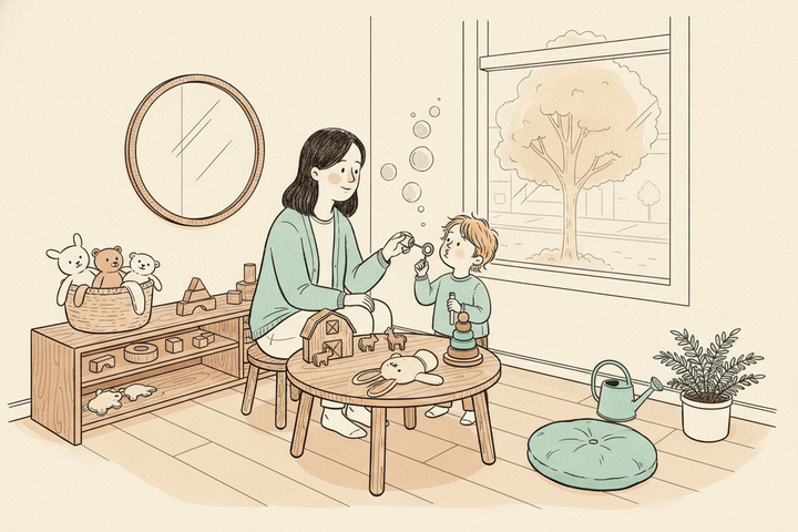 Hand-drawn pediatric speech therapy room where a therapist in a mint-teal cardigan holds a bubble wand for a young child blowing bubbles at a low wooden table with a toy barn, wooden animals, a plush rabbit and a stacking toy, beside a round wall mirror, a shelf of teddy bears and blocks, a mint-teal floor cushion and watering can, and a window onto a tree-lined street