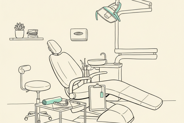 Editorial line illustration of a modern dental chair with an Invisalign aligner tray on a side tray table, a wall-mounted articulating exam light, a rolling stool, and a shelf holding a dental study model of aligned teeth, teal accents on the aligner tray and light panel.