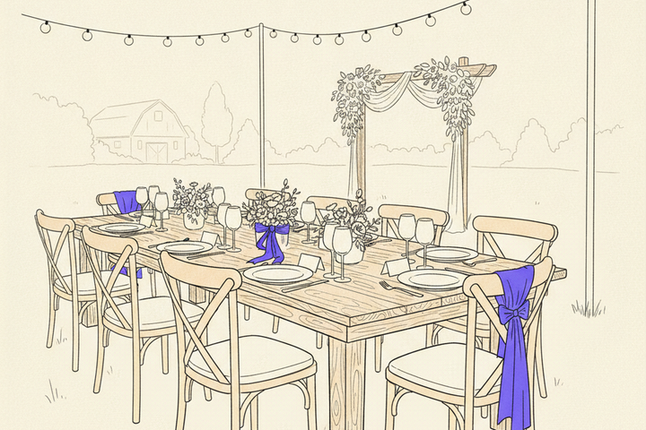 Editorial line-drawing of a farm-table wedding setup with cross-back chairs, string lights overhead, a floral centerpiece with a purple ribbon, purple chair sashes, and a wooden ceremony arch with draped fabric and greenery in the background.