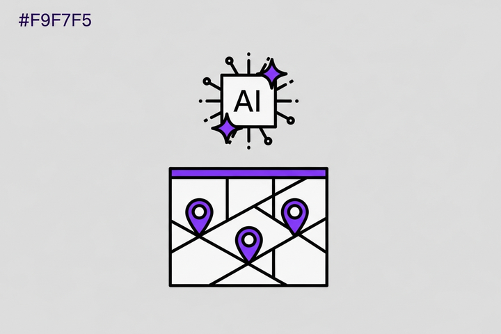 Flat illustration of a search results page with an AI sparkle icon above a map pack with location pins, representing AI Overviews impact on local SEO