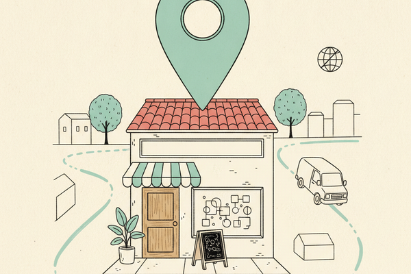 Editorial illustration of a small storefront with a teal Google Maps location pin planted on its roof, a striped awning, a blank storefront sign, a service van driving toward the shop on a dashed route line, and a small globe icon in the upper corner