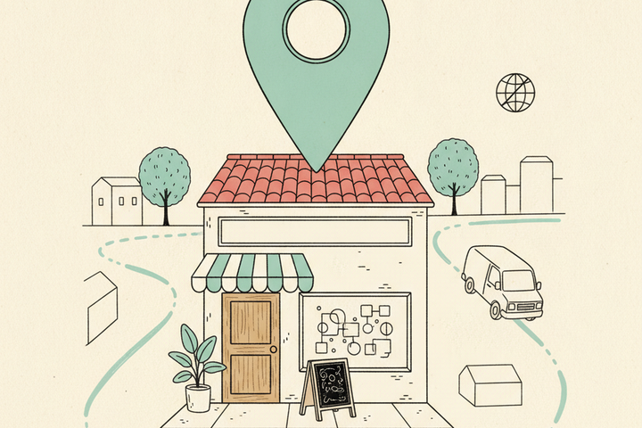 Editorial illustration of a small storefront with a teal Google Maps location pin planted on its roof, a striped awning, a blank storefront sign, a service van driving toward the shop on a dashed route line, and a small globe icon in the upper corner