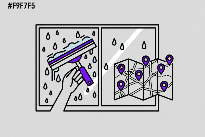 Flat illustration of a squeegee cleaning a window next to a route map with location pins, representing local SEO for window cleaning companies