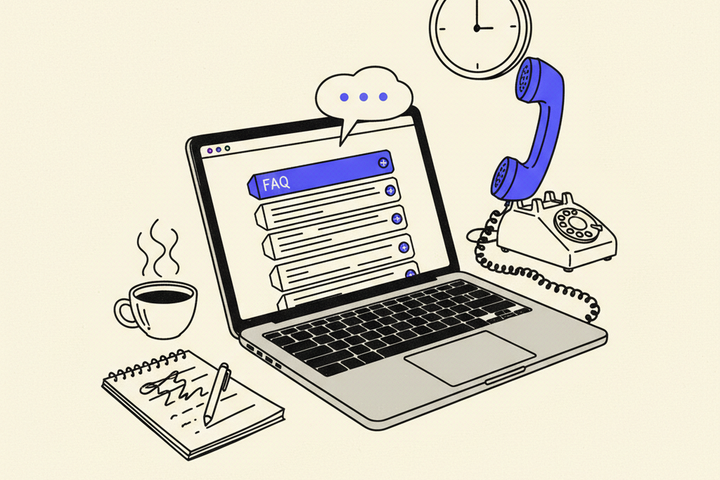 Editorial illustration of a web page with stacked accordion FAQ rows expanding upward into speech bubbles, with a vintage rotary phone on the desk
