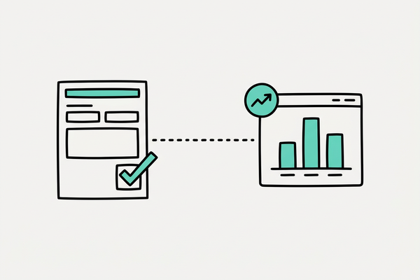 Flat teal lineart illustration of a contact form with a checkmark connected to an analytics bar chart, representing tracking website form leads in GA4