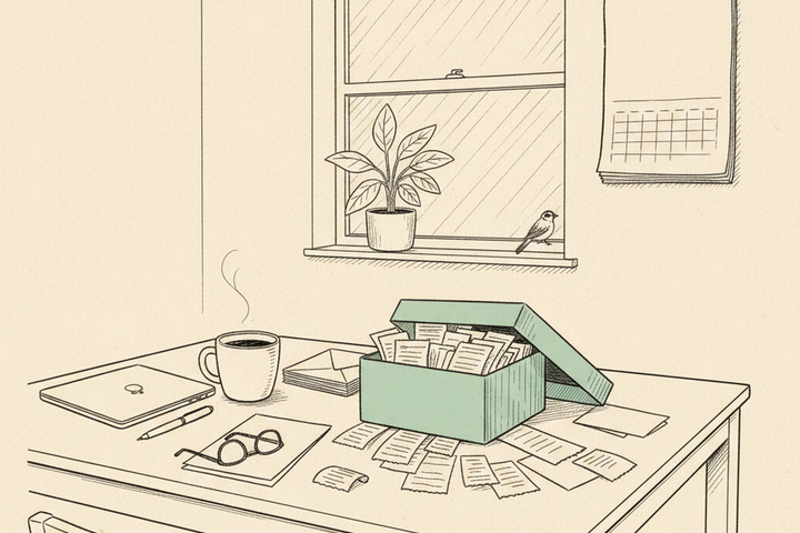 Editorial line illustration of a kitchen table the morning after tax season: an open shoebox with a mint-teal lid spilling blank receipts across the table, a rubber-banded stack of envelopes, a closed laptop, a steaming coffee mug, folded reading glasses, a window with a potted plant on the sill and a sparrow perched outside, and a blank wall calendar, on cream paper.