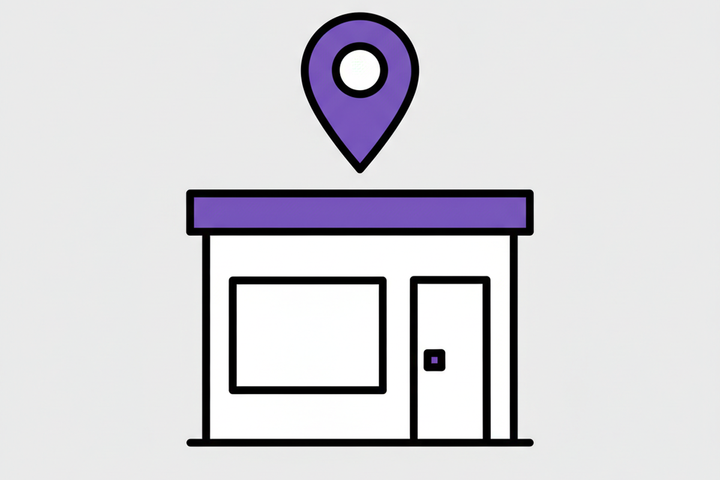 Small physical therapy clinic storefront with a map pin hovering above, illustrating local SEO for PT clinics.