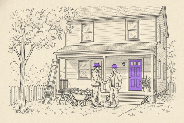 Hand-drawn illustration of a contractor in a purple hard hat shaking hands with a homeowner on the porch steps of a house under renovation, with a ladder, lumber on sawhorses, a wheelbarrow, and a purple front door