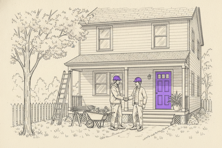 Hand-drawn illustration of a contractor in a purple hard hat shaking hands with a homeowner on the porch steps of a house under renovation, with a ladder, lumber on sawhorses, a wheelbarrow, and a purple front door