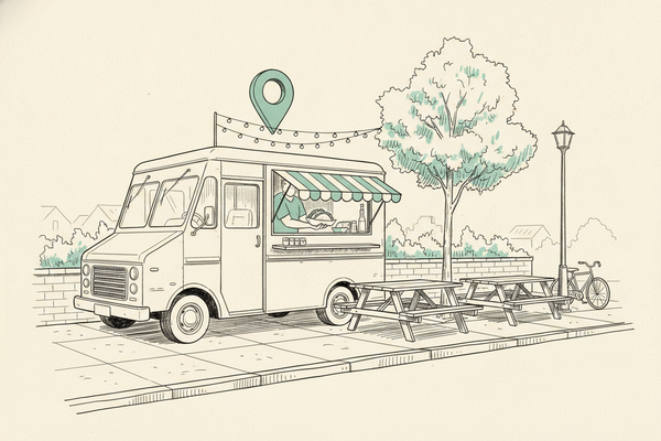Hand-drawn vintage food truck parked at a curb beside a brewery patio, with a mint-teal striped awning over the serving window, a hand passing out a paper boat of tacos, string lights, picnic tables, and a mint-teal map pin floating above the roof
