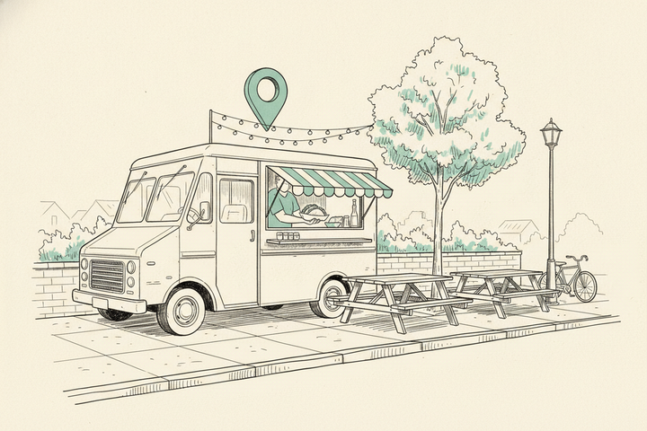 Hand-drawn vintage food truck parked at a curb beside a brewery patio, with a mint-teal striped awning over the serving window, a hand passing out a paper boat of tacos, string lights, picnic tables, and a mint-teal map pin floating above the roof