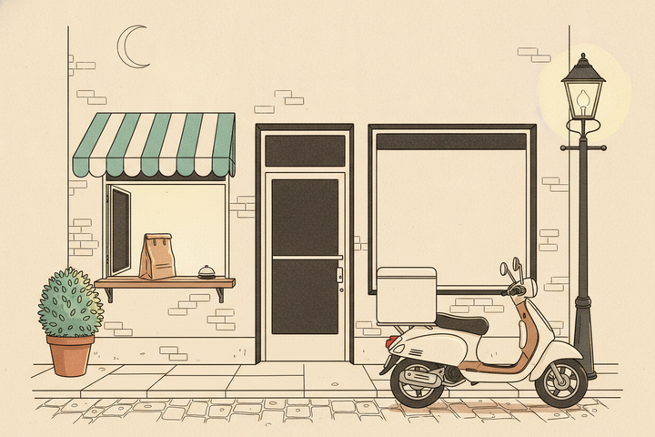 Illustration of a small shop at dusk with its front door closed while a side pickup window under a teal striped awning stays open, a takeout bag on the ledge and a delivery scooter at the curb