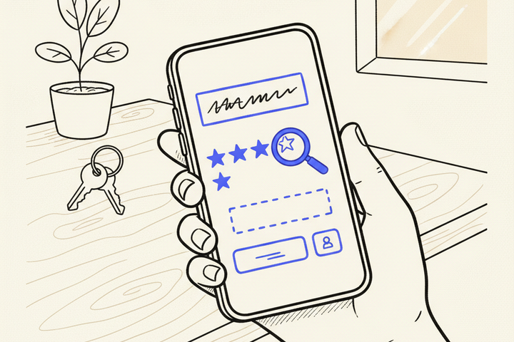 A hand-drawn illustration of a hand holding a smartphone showing a Google Business Profile listing with purple star ratings, an empty dashed rectangle where the call button should be, and a purple magnifying glass hovering over the missing slot. A plant, keys, and warm window sit on a wooden desk in the background.