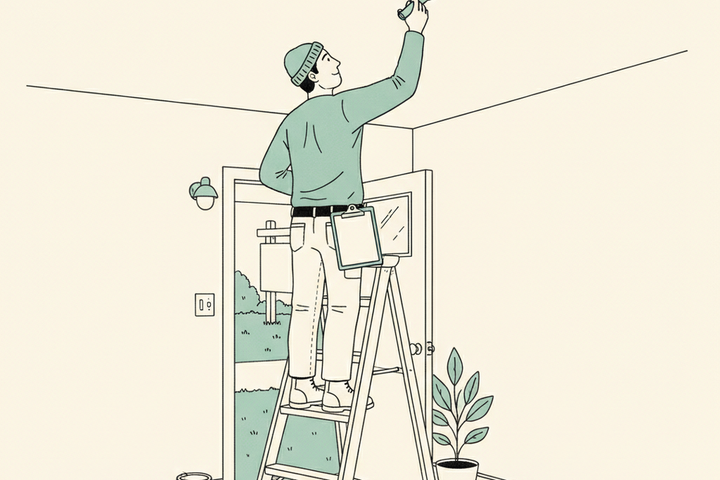 Editorial line-drawing of a home inspector on a stepladder examining a ceiling smoke detector, holding a clipboard, with a blank for-sale yard sign visible through the front door.