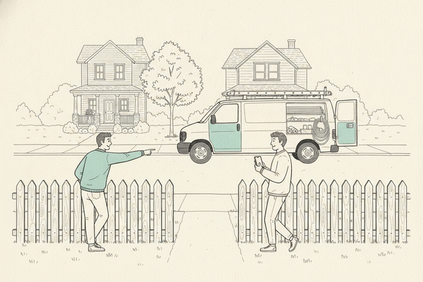 Hand-drawn illustration of one neighbor in a teal sweater leaning on a picket fence and pointing across the street to a plain work van with a teal door and a ladder on its roof, while another neighbor holds a phone ready to call, with two porch houses and a maple tree behind.