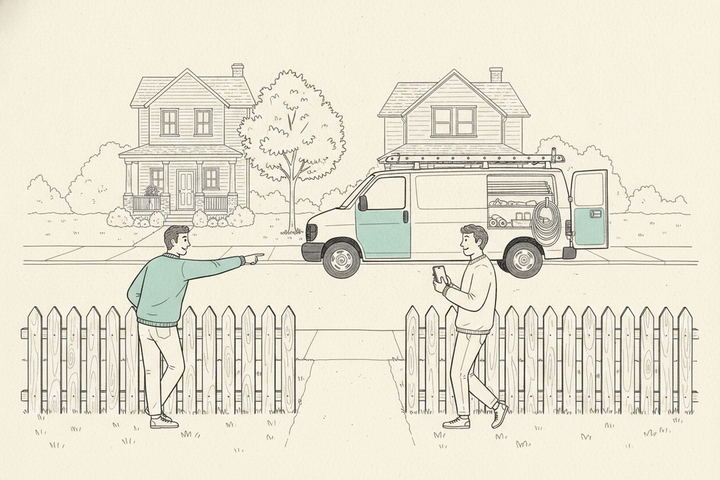 Hand-drawn illustration of one neighbor in a teal sweater leaning on a picket fence and pointing across the street to a plain work van with a teal door and a ladder on its roof, while another neighbor holds a phone ready to call, with two porch houses and a maple tree behind.