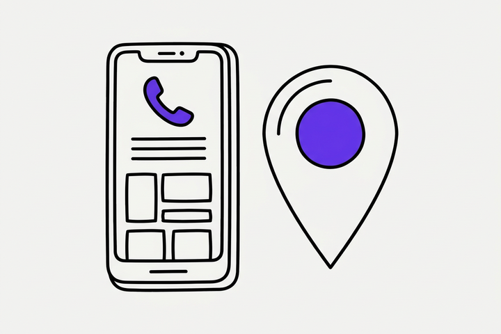 Flat purple lineart illustration of a smartphone showing a business listing with a phone receiver icon, beside a map location pin, representing a Google Business Profile phone number update