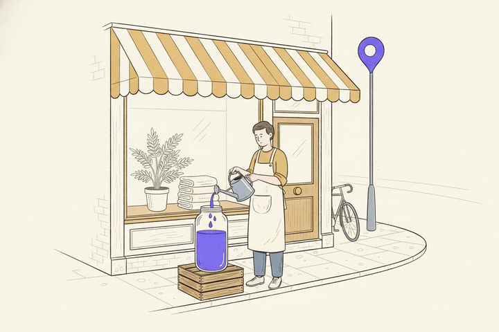 Editorial line illustration of a shop owner in an apron outside a small storefront with a striped awning, pouring from a watering can into a plain glass jar two-thirds full of purple liquid, with a purple map pin atop a lamp post nearby