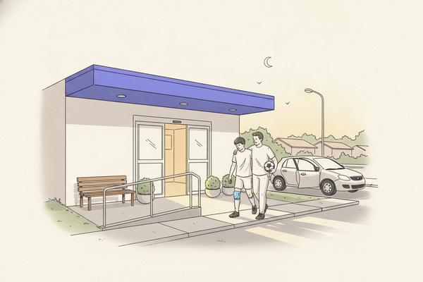 Hand-drawn illustration of a parent with an arm around a limping teenager in a soccer kit outside a small walk-in clinic at dusk, under a vivid purple entrance canopy, with warm light from open sliding glass doors, a ramp with a metal handrail, a bench and potted shrubs, a hatchback with its door open at the curb, and a crescent moon over the rooftops