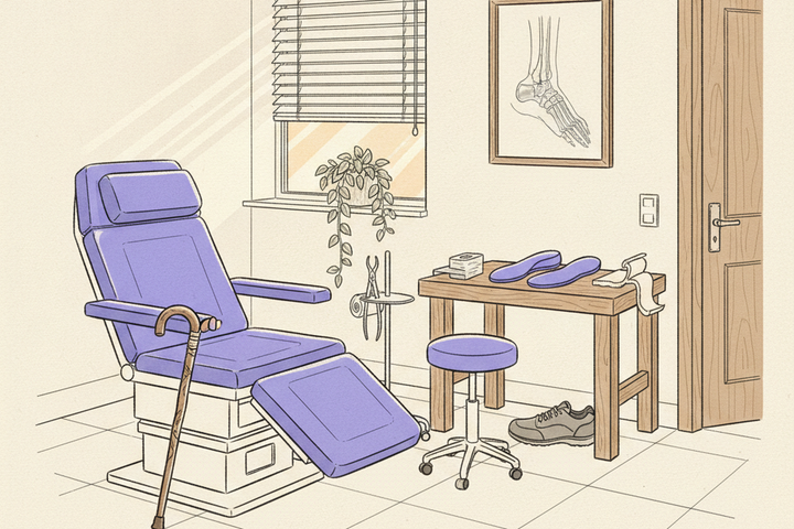 Line-drawn podiatry exam room: a purple reclining exam chair with its footrest out and a wooden cane hooked over the armrest, a rolling stool, an instrument stand, and a workbench holding a pair of purple custom orthotic insoles beside an unlaced walking shoe, with an unlabeled foot and ankle anatomy print on the wall.