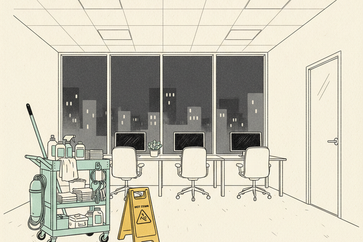 Editorial line illustration of an empty open-plan office at night: a mint-teal janitorial cart loaded with plain bottles, folded cloths, a mop and a vacuum, a ring of keys and access fobs hanging from its push bar, three empty desks with blank monitors and swivel chairs, a window wall showing a dark city skyline, and a recessed ceiling grid overhead, on cream paper.