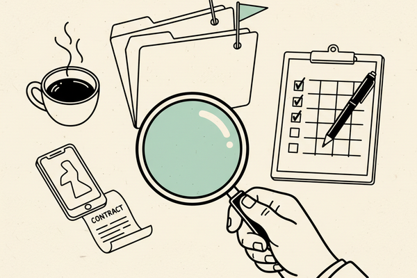 Editorial illustration of a person examining a stack of agency proposal folders with a magnifying glass, with red-flag pennants poking out of one and a checklist clipboard beside