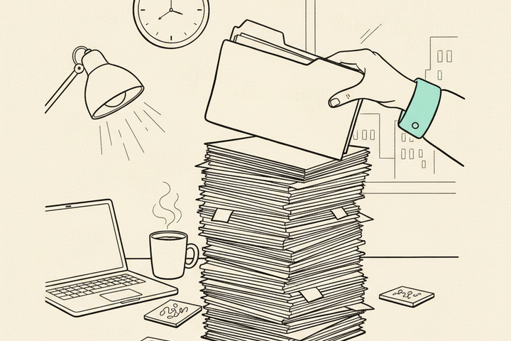 Editorial illustration of an overflowing stack of manila folders on an agency desk with a hand reaching in to take some away, a teal tag on the helper's wrist, lamp and city skyline through a window