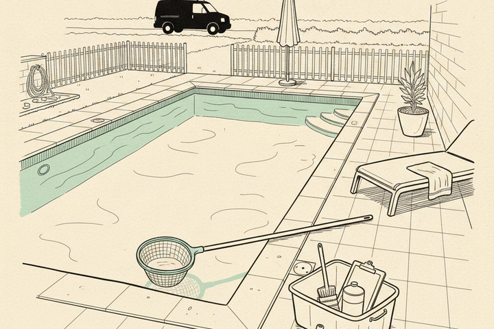 Editorial illustration of a residential backyard pool with a skimmer net and pool service tool caddy on the patio, and a service van parked in the driveway visible through a fence gap.