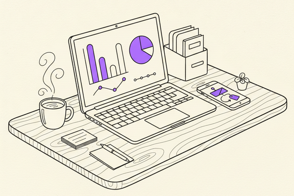 Editorial line illustration of a wooden desk with an open laptop showing an abstract dashboard of bar chart, pie chart, and timeline points, a smartphone displaying a link-tracking flow diagram, a coffee mug with steam, and a small filing organizer, with purple accents on the tallest chart bar, the pie chart's largest wedge, and the flow arrows on the phone.