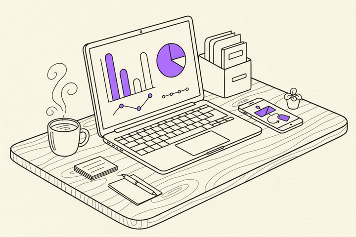 Editorial line illustration of a wooden desk with an open laptop showing an abstract dashboard of bar chart, pie chart, and timeline points, a smartphone displaying a link-tracking flow diagram, a coffee mug with steam, and a small filing organizer, with purple accents on the tallest chart bar, the pie chart's largest wedge, and the flow arrows on the phone.