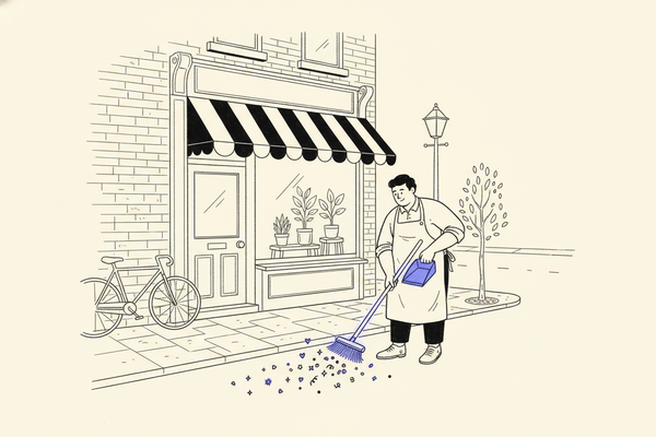 Hand-drawn shopkeeper in an apron sweeping a scatter of purple hearts, stars, and sparkles into a purple dustpan in front of a small brick shop with a plain striped awning, a bicycle, and a lamppost