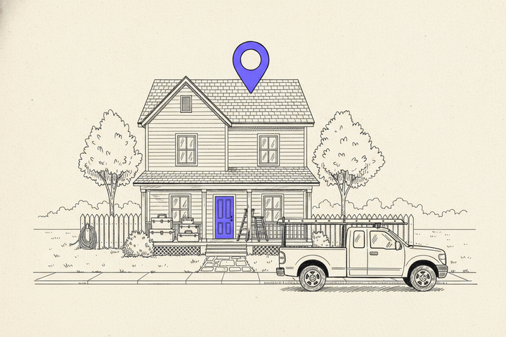 Hand-drawn illustration of a suburban house with a purple front door, stacks of toolboxes and two stepladders on the porch, a work truck at the curb, and a purple map pin floating above the roof