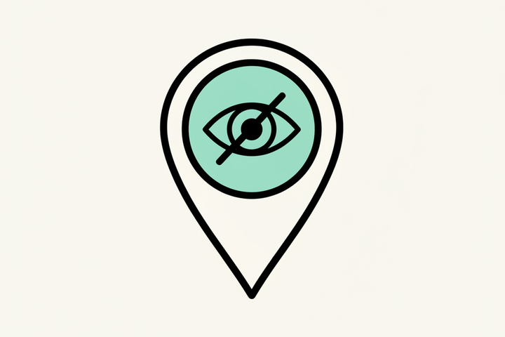 Map pin location marker with a hidden eye icon inside, illustrating hiding a business address on Google Business Profile.