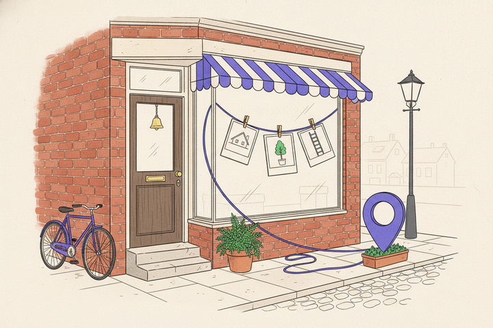 Editorial illustration of a brick shop front with a purple striped awning, three instant photos of a house, a potted tree, and a ladder clipped to a purple thread in the window, the thread running to a purple map pin in a sidewalk planter