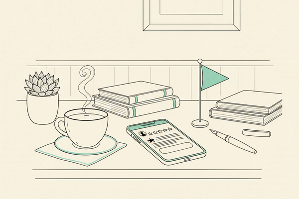 Editorial line illustration of a calm desk scene with a smartphone showing a one-star review card with empty ruled lines, a ceramic teacup on a saucer with a curl of steam, a small policy-report flag standing upright, stacked books, a fountain pen, and a small potted succulent, with teal accents on the flag ribbon and saucer trim.