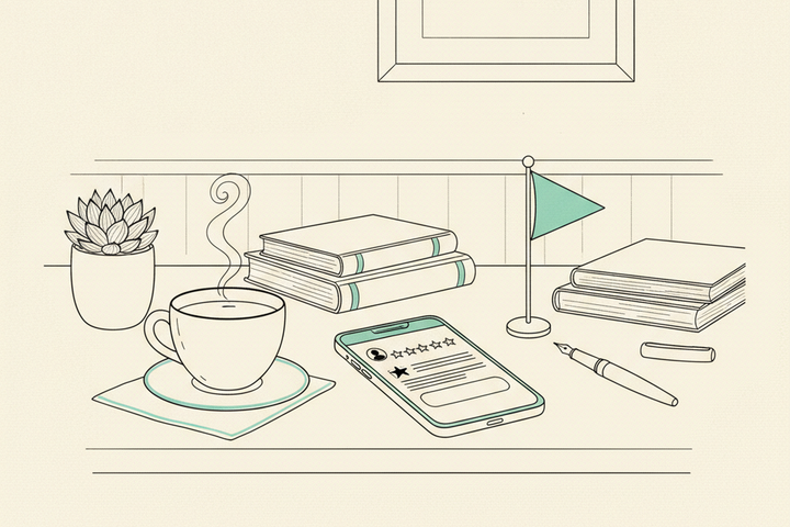 Editorial line illustration of a calm desk scene with a smartphone showing a one-star review card with empty ruled lines, a ceramic teacup on a saucer with a curl of steam, a small policy-report flag standing upright, stacked books, a fountain pen, and a small potted succulent, with teal accents on the flag ribbon and saucer trim.
