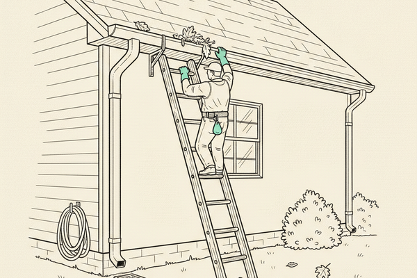 Editorial illustration of a gutter cleaning technician on a ladder against a two-story home, reaching into a gutter to remove leaves, with autumn leaves scattered on the lawn below.