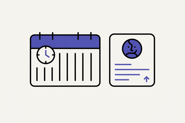 Illustration of a calendar, clock, and Google Business Profile card representing the weekly cadence for Google Business Profile updates.
