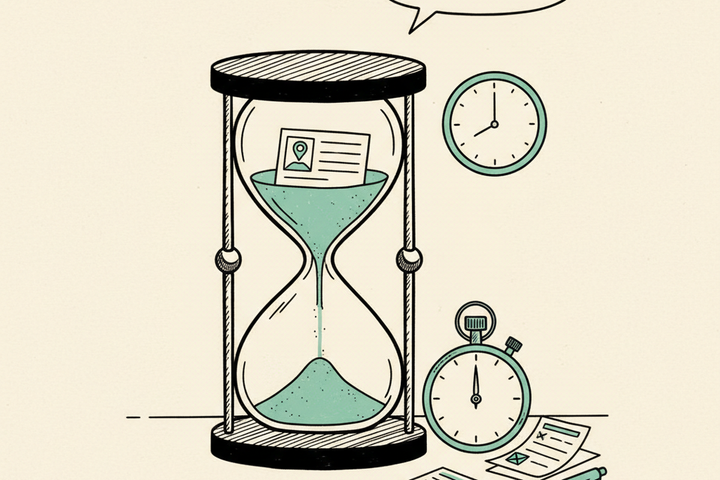 Editorial illustration of a small business profile card stuck in a hand-drawn hourglass with sand frozen mid-fall, with a stopwatch and a stack of edit requests beside