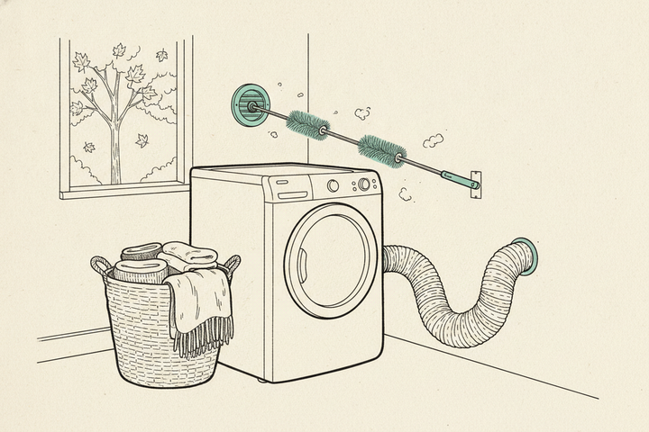 Editorial line illustration of a home laundry room in autumn: a dryer pulled from the wall with its ribbed foil vent hose exposed, a long rotary cleaning brush with soft mint-teal bristles reaching a teal wall vent, tufts of lint drifting in the air, a woven basket of folded towels and a blanket, and a window showing a maple tree dropping leaves.