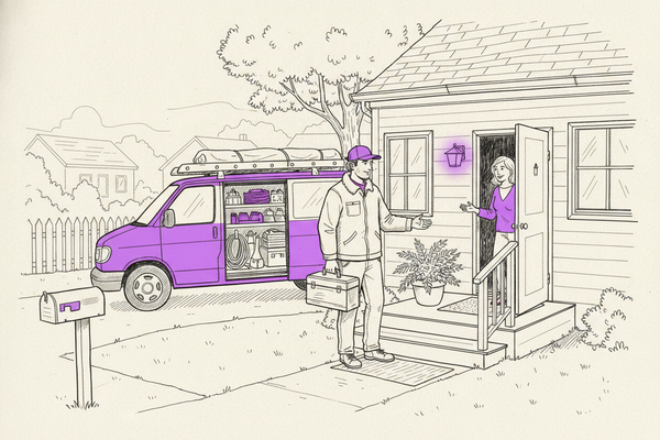 Editorial line illustration of a service technician in a purple cap holding a toolbox on the front walk of a small house while a homeowner in a purple top opens the door to welcome him in, with a purple work van parked in the driveway, its side door open to shelves of hoses and supplies, a ladder on the roof rack, a glowing purple porch light, a potted fern, a picket fence, and a mailbox with a purple flag.