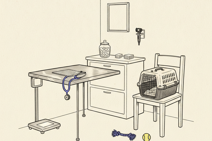 Editorial line-drawing of a veterinary exam room with a stainless steel table, purple stethoscope, cabinet with treats jar, pet carrier on a chair, and a small rope toy on the floor.
