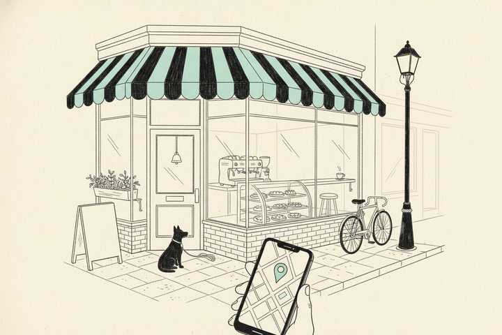 Editorial line illustration of a corner coffee shop with a teal-striped awning: a door with a hanging bell, a blank sandwich board on the sidewalk, a window box of herbs, an espresso machine and pastry case visible through the glass, a bicycle leaning on a lamppost, a dog on a leash by the door, and in the foreground a hand holding a phone showing a map with a single teal pin.