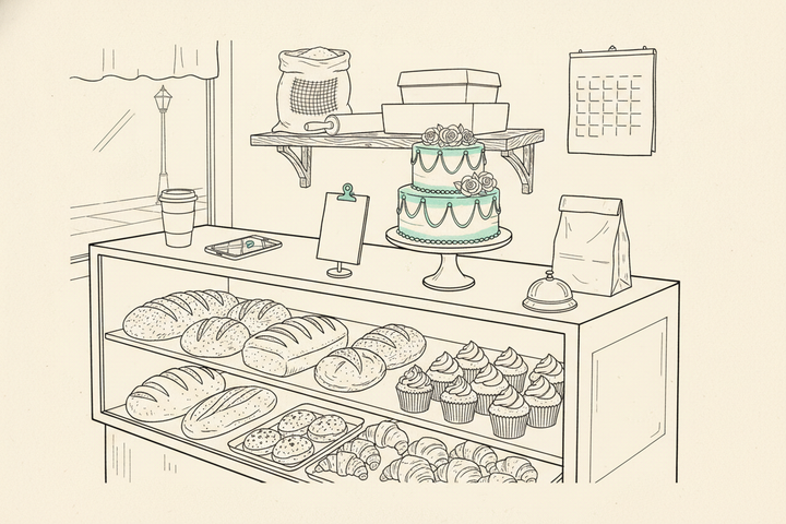 Editorial line illustration of a bakery counter: a glass case of loaves, croissants, cookies, and cupcakes, a two-tier celebration cake with teal icing swirls on a cake stand, a blank order ticket on a teal clip, a brass service bell, a paper bag, a takeaway cup, a phone showing a map pin, and behind the counter a shelf with a flour sack, rolling pin, cake boxes, and a wall calendar with an empty grid.