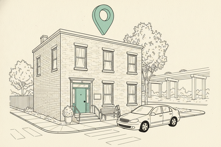 Editorial line illustration of a two-story brick law office on a quiet street corner with a mint-teal front door and a mint-teal map pin hovering above the roof, a bench beside the steps with crutches leaning on it, a sedan parked at the curb, and a highway overpass in the background.