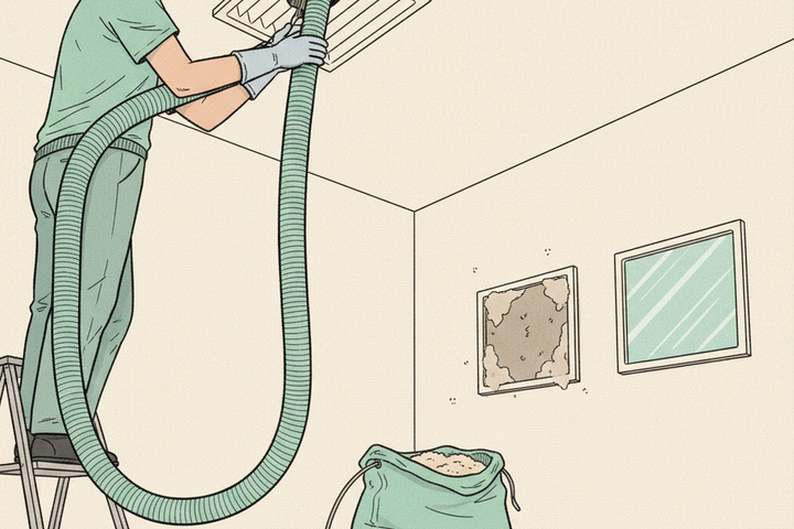 Editorial illustration of an air duct cleaning technician on a small ladder connecting a corrugated vacuum hose to a ceiling vent, with a dust collection bag, camera scope, and before/after registers