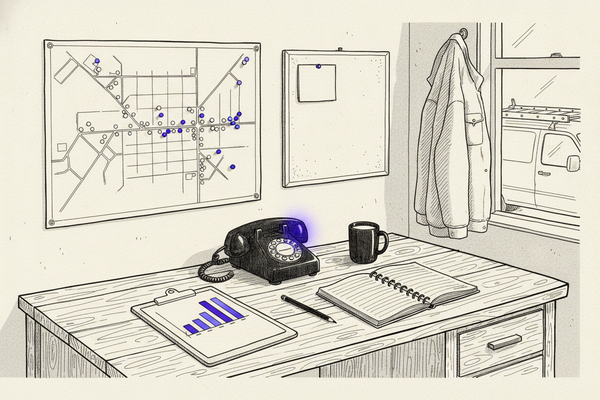 Editorial line illustration of a contractor's back office: a wooden desk with a landline phone showing a purple message light, a coffee mug, a pencil, an open blank notebook, and a clipboard holding a hand-drawn bar chart with purple bars, an unlabeled town map on the wall covered in a grid of pushpins with several in purple, a corkboard with blank cards, a window showing the roof of a service van, and a hard hat and work shirt on a wall hook.